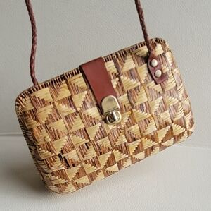Vintage Woven Rattan Crossbody Bag With Braided Leather Strap